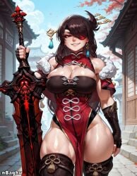 1girls ai_generated beidou_(genshin_impact) black_hair china_dress chinese_clothes cleavage earrings eyepatch genshin_impact hair_ornament highres holding holding_sword holding_weapon hoyoverse large_breasts long_hair looking_at_viewer muscular_female nbaghu pelvic_curtain red_eyes shiny_skin smirk solo solo_female thick_thighs thigh_boots