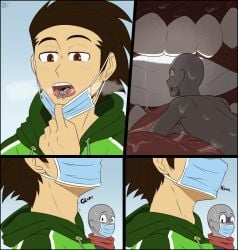 anon chris_invicta dominant_male face_mask fear giant giant_male incredibleediblecalico larger_male macro mask mawshot micro public scared swallowing teeth throat_bulge trapped vore youkaichan