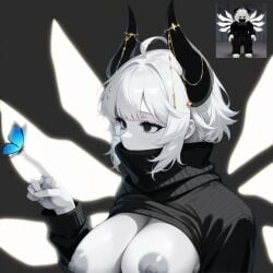 black_background black_eyes breasts butterfly close-up female_focus glowing_wings horns knightnyan long_sleeves mouth_covered nipples roblox short_hair side_view sweater white_hair white_skin wide_hips