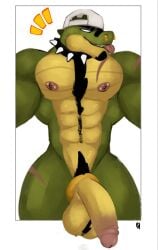 1boy across alligator ass bara bottomless boy briefs bulge clothes erection eyebrows eyes focus furry hair large legs male midriff monsterjuicy muscular navel nipples no pants pectorals peek presenting reptile scalie scar short sidepec smirk solo_male sparse spread thick under underwear views white