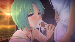 1boy 1girls bishoujo_mangekyou censored clothing cum cum_in_mouth fellatio female game_cg green_hair hanazato_megumi happoubi_jin male oral oral_sex seductive_eyes seductive_mouth skinny straight teenager