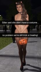 3d dazdardly embarrassed embarrassing_outfit exhibitionism exhibitionist female functionally_nude functionally_nude_female halloween halloween_costume naked naked_female public public_nudity