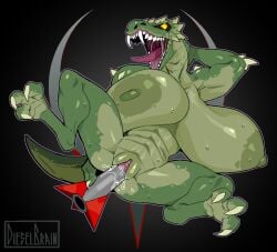 anthro areola big_breasts biped breasts claws dieselbrain fangs female genitals green_areola green_nipples huge_breasts masturbation nipples non-mammal_breasts object_in_pussy open_mouth pussy quake_champions scalie solo sorlag teeth vaginal_masturbation vaginal_penetration