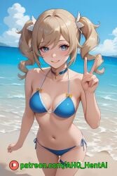 ahq_hentai ai_generated barbara_(genshin_impact) beach bikini blush cute female genshin_impact medium_breasts patreon perfect_body sexy solo stable_diffusion thigh_strap