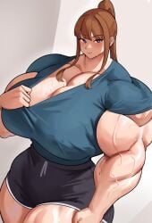 boob_focus looking_at_viewer musctonk muscular muscular_female pulling_shirt