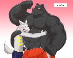 abs anthro biceps black_arms black_body black_chest black_ears black_fingers black_fur black_hands black_pecs blush bodily_fluids bulge canid canine clothed clothing detailed_bulge felid flying_sweatdrops fur genital_outline hug larger_male male mammal muscular muscular_anthro muscular_male navel nullraihigi pantherine pecs penis_outline size_difference sweat sweatdrop topless