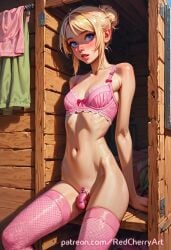 ai_generated blonde_hair blue_eyes bra chastity_cage crossdressing cute femboy feminine_male messy_hair redcherryart sissy skinny solo standing stockings trap