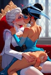 2futas 2girls ai_generated anal_sex big_ass big_breasts black_hair charv elsa_(frozen) frozen_(film) futa_on_futa futa_only futa_with_futa futadom futanari white_hair