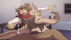 16:9 2024 alternate_version_at_source anthro ass balls big_ass big_butt blush brown_body brown_fur canid canine canis clothed clothing cole_(temptations_ballad) cowboy coyote digital_media_(artwork) duo fingers fur genitals hat headgear headwear hyena male male/male mammal shirokoi smile striped_body striped_fur striped_hyena stripes tail teasing temptations_ballad_(visual_novel) tuft wes_(temptations_ballad) widescreen