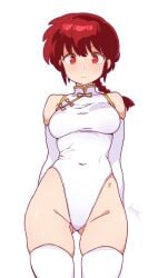 ass_visible_through_thighs bare_shoulders batta_16-sei belly_button_visible_through_clothing blush body_blush braid breasts chinese_clothes closed_mouth elbow_gloves gloves leotard medium_breasts ranma-chan ranma_1/2 red_eyes red_hair shiny_skin thick_thighs thighhighs thighs white_gloves white_leotard white_thighhighs