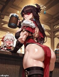 1boy 1boy1girl 1girls ai_generated alcohol ass bandages beer_mug beidou_(genshin_impact) big_ass black_hair breasts china_dress chinese_clothes cleavage drunk drunk_bubble earrings eyepatch genshin_impact hair_ornament highres holding hoyoverse kaedehara_kazuha kimono large_breasts long_hair muscular muscular_back muscular_female muscular_thighs nbaghu nervous nervous_male pelvic_curtain red_eyes shiny_skin short_hair skindentation sleeveless smirk thick_thighs thigh_boots toned_female triceps white_hair