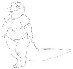 alligator anthro bottomless breasts chubby claws clothing female fgs hindpaw nostrils open_mouth partially_clothed paws pussy reptile ridges scales scalie sefeiren shirt sketch smile solo