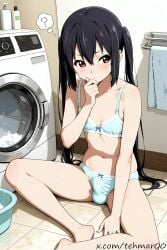 1boy ai_generated azusa_nakano_(k-on!) bathroom black_hair bra brown_eyes bulge cosplay femboy flat_chest genderswap_(ftm) indoors k-on! male panties rule_63 sitting_on_floor solo tagme tehmar thinking trap twintails underwear_only