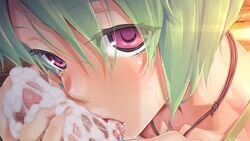 1boy 1girls bishoujo_mangekyou censored cum cum_on_tongue fellatio female fingernails game_cg green_hair hair hanazato_megumi happoubi_jin licking male oral penis pink_eyes straight sweat tongue