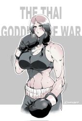 big_breasts blush boxer boxing_gloves circlet cleavage female female_only gaolang_wongsawat genderswap_(mtf) kengan_(series) kengan_ashura long_hair looking_at_viewer low-tied_long_hair martial_artist mmn810 mosaic_censoring muscular muscular_female rule_63 solo sports_bra sportswear sweat