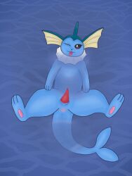 anus blue_body eeveelution feral fin frill_(anatomy) generation_1_pokemon genitals majika male male_focus male_only marine neck_frill nintendo one_eye_closed pawpads penis pokemon pokemon_(species) solo spread_legs spreading tail vaporeon