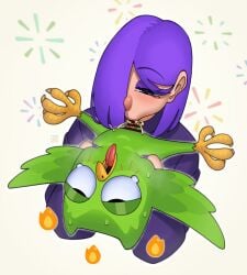 1boy 1girls bar_censor beak beastiality bird blowjob censor_bar censored censored_penis duo_(duolingo) duolingo eyebrows_visible_through_hair fellatio female hair_over_one_eye lily_(duolingo) open_mouth owl purple_eyelids purple_fingernails purple_hair purple_hair_female purple_nails simple_background takyzen tongue tongue_out wings woman