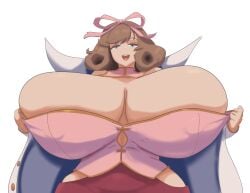 1girls blue_eyes bow breasts brown_hair coat haruka_(senran_kagura) huge_breasts jacket looking_at_viewer marvelous rodgewp senran_kagura short_hair smile tagme voluptuous white_background