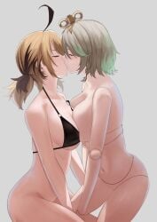 2girls ahoge bra breast-to-breast breast_press cecilia_immergreen doll_joints eyes_closed gigi_murin hololive hololive_english hololive_english_-justice- large_breasts lesbian lesbian_kiss lesbians nude nude_female short_hair yuri