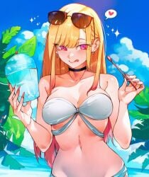 :p barbell_piercing bare_shoulders beach bikini black_choker blonde_hair blue_sky blush breasts cesar_art456 choker cleavage closed_mouth cloud commentary commission day dessert ear_piercing earrings english_commentary eyewear_on_head female food gradient_hair gyaru heart highres holding holding_spoon industrial_piercing jewelry kitagawa_marin large_breasts long_hair looking_at_viewer mixed-language_commentary multicolored_hair nail_polish navel outdoors palm_leaf piercing pink_eyes pink_hair pink_nails shaved_ice sky smile solo sono_bisque_doll_wa_koi_wo_suru sparkle spoken_heart spoon stomach sunglasses swimsuit tongue tongue_out two-tone_hair upper_body very_long_fingernails very_long_hair white_bikini