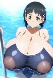 1girls ai_generated black_hair blush breasts_bigger_than_head cleavage erect_nipples erect_nipples_under_clothes female female_only green_eyes huge_breasts hyper_breasts kirigaya_suguha large_tits light-skinned_female light_skin looking_at_viewer massive_breasts mt_onizu nipples_visible_through_clothing one-piece_swimsuit see-through see-through_clothing short_hair smiling solo sweat sweatdrop sword_art_online tagme thick_body thick_female voluptuous voluptuous_female wet