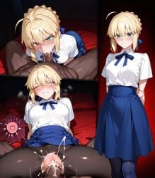 ai_generated artoria_pendragon artoria_pendragon_(fate) before_and_after blonde_hair blowjob blue_skirt cum cum_in_pussy cum_inside dark-skinned_male dark_skin fate/stay_night fate_(series) fellatio female green_eyes impregnation interracial interracial_sex light-skinned_female light_skin male male/female pantyhose saber sex vaginal_penetration white_shirt