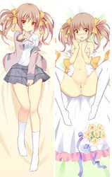 beiyu blazer blush bouquet bow bowtie breasts brown_hair checkered checkered_skirt cum cum_inside dakimakura flower hair_ribbon hairbow kannagi_miyabi kono_naka_ni_hitori_imouto_ga_iru! nipples nude pointing pointing_at_viewer pussy ribbon school_uniform skirt small_breasts socks spread_legs tied_hair twintails