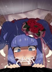 1boy 1girls big_penis blowjob blue blue_eyes blue_hair blunt_bangs blush censored cum cum_bubble cum_in_mouth cum_in_nose cum_overflow deepthroat erika_furudo fellatio female hair heart-shaped_pupils male mizumizuni oral penis petite tagme tears teenage_girl teenager twintails young