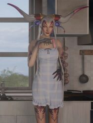 1girls 3d 3d_(artwork) 3d_model apron body_markings claws cropped cropped_image dissidia dissidia_final_fantasy earrings female female_only final_fantasy final_fantasy_viii glowing_eyes headdress horns kitchen lazyprocrastinator lowres milf orange_eyes silver_hair square_enix standing tattoo ultimecia