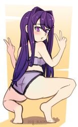 1girls barefoot blackcatxcl bra doki_doki_literature_club feet female female_only female_solo long_hair panties purple_eyes purple_hair solo solo_female solo_only underwear yuri_(doki_doki_literature_club)