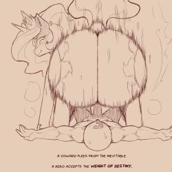 1:1 ambiguous_penetration ass big_butt blush bodily_fluids cold-blooded-twilight dialogue duo english_text equid equine erection eyebrows faceless_character faceless_male female feral fur genitals hi_res horse human looking_back lying male male/female mammal motion_lines nude on_back penetration penile penile_penetration penis pony rear_view sex smile sweat tail text