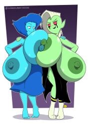 2girls areolae big_breasts blue_hair blue_skin breasts breasts_bigger_than_head cartoon_network disney female female_only freckles gem_(species) green_skin huge_breasts humanoid ilpanza lapis_lazuli_(steven_universe) looking_at_another's_breasts lord_dominator nipples nipples_touching runny_makeup steven_universe topless wander_over_yonder