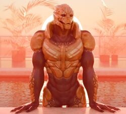 3d_(artwork) alien animal_genitalia bioware bodypaint digital_media_(artwork) electronic_arts face_paint genital_slit genitals hi_res in_pool kagekave leaning leaning_forward looking_at_viewer male mass_effect muscular muscular_male nude outside plant plant_pot potted_plant solo standing sun sunset swimming_pool teeth turian verros water wet