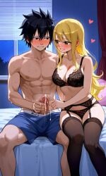 ai_generated big_penis black_hair black_lingerie_panties blonde_hair blush boxers erection fairy_tail gray_fullbuster handjob hearts_around_head imminent_sex lucy_heartfilia pixai wholesome