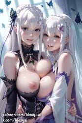 2girls ai_generated arm_warmers armwear big_breasts blush blush breasts breasts_out butterfly butterfly_hair_ornament clothed clothed_female clothing echidna_(re:zero) emilia_(re:zero) female female_focus female_only hair hair_ornament hairclip hairclips holding_another holding_each_other huge_breasts klexyai long_hair mostly_clothed mostly_clothed_female necklace neckwear patreon patreon_username pink_eyes pose posing posing_for_the_viewer purple_eyes re:zero_kara_hajimeru_isekai_seikatsu smile smiling smiling_at_viewer white_hair white_hair_female