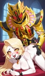 ahe_gao ai_generated armor big_breasts blonde_hair blush charlie_morningstar_(hazbin_hotel) collar crossover cum_in_pussy cum_inside fucked_from_behind fucked_silly hazbin_hotel kamen_rider kamen_rider_gotchard_(series) kamen_rider_legend long_hair male masked_male red_eyes sex_from_behind tokusatsu white_skin