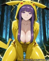 ai_generated cosplay fern_(sousou_no_frieren) pikachu purple_eyes purple_hair sousou_no_frieren