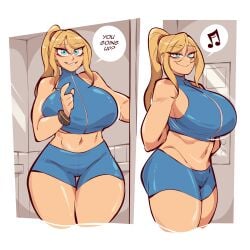 1female 1girls 2d big_breasts blonde_hair blue_eyes breasts_bigger_than_head casual_outfit_(metroid) english_text female heath_grace_(mojo) hips_wider_than_shoulders metroid mojo_(artist) ponytail samus_aran saucymojo seductive seductive_look sideboob solo_female speech_bubble sports_bra sportswear tagme text thigh_gap twitter_link