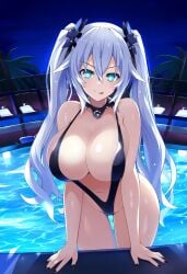 ai_generated big_breasts black_heart blue_eyes goddess licking_lips light_skin looking_at_viewer neptunia_(series) noire pool sling_bikini solo tongue twintails voluptuous white_hair