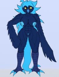 abs anthro arm_feathers avian beak big_breasts big_nipples bird blue_body blue_hair breasts car_man feet female fluffy genitals hair hi_res long_hair martlet_(undertale_yellow) martlet_(zenith_form) muscular muscular_anthro muscular_female nipples non-mammal_breasts non-mammal_nipples pussy simple_background solo talons thick_thighs toes undertale undertale_(series) undertale_yellow