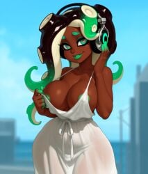 1girls ai_generated areola_slip breasts cleavage dark-skinned_female dark_skin dress female female_focus huge_breasts marina_(splatoon) marina_ida mole mole_under_mouth nintendo no_bra outdoors soles solo solo_female solo_focus splatoon splatoon_(series) splatoon_2 tentacle_hair