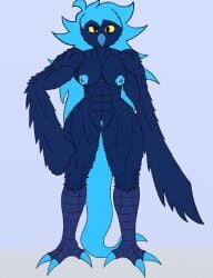 abs anthro arm_feathers avian beak big_breasts bird blue_body blue_hair breasts car_man feet female fluffy genitals hair hi_res long_hair martlet_(undertale_yellow) martlet_(zenith_form) muscular muscular_anthro muscular_female navel nipples non-mammal_breasts non-mammal_navel non-mammal_nipples pussy simple_background solo talons thick_thighs toes undertale undertale_(series) undertale_yellow wide_hips