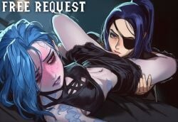 2girls ai_generated arcane arcane_caitlyn arcane_jinx blush caitlyn_kiramman cunnilingus dm4freeairequests eyepatch jinx_(league_of_legends) league_of_legends midriff tattoo yuri