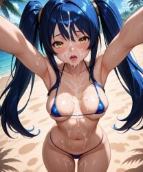 ai_generated armpits arms_behind_head arms_up bangs bare_shoulders beach bikini blue_bikini blue_hair blue_sky blue_swimsuit blush breasts buccha bukkake clavicle cleavage clothing cloud collarbone cum cum_on_body cum_on_breasts cum_on_clothes cum_on_hair cum_on_stomach day facial female female female_only groin hair_ornament large_breasts long_hair looking_at_viewer medium_breasts micro_bikini navel nipples ocean open_mouth original outdoors palm_tree ponytail sand semen semen_on_body semen_on_breasts semen_on_chest semen_on_upper_body skindentation sky smile solo stomach string_bikini sweat swimsuit thighs tongue tree twintails upper_teeth_only water wet yellow_eyes