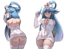 aqua_(konosuba) arm_behind_back ass back black_choker blue_hair breasts choker commentary dress elbow_gloves english_commentary female from_behind full-length_zipper gloves hat highres holding holding_syringe kono_subarashii_sekai_ni_shukufuku_wo! large_breasts long_hair multiple_views nico-mo no_panties nurse nurse_cap open_mouth panties pantyshot partially_unzipped pussy simple_background smile sweatdrop syringe thighhighs thighs uncensored underwear white_background white_dress white_gloves white_panties white_thighhighs zettai_ryouiki zipper