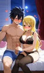 ai_generated big_penis black_hair black_lingerie_panties blonde_hair blush boxers erection fairy_tail gray_fullbuster handjob imminent_sex lucy_heartfilia pixai wholesome