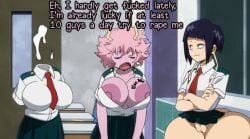 english_text huge_ass huge_breasts kyoka_jiro mina_ashido miniskirt my_hero_academia tattoo text useless_clothing