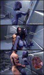 1boy1girl 3d ass big_breasts breasts cheating commander_shepard cowgirl_position dreaming foab30 from_behind hand_on_breast human human_on_alien human_on_anthro krogan leaning_forward mass_effect penis_size_difference quarian shower standing_sex tali'zorah_nar_rayya uninterested_sex urdnot_wrex violet_skin