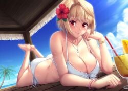 1girls ahoge arcueid_brunestud ass ass_up barefoot beach big_ass big_breasts bikini bikini_bottom bikini_top blonde_hair blush breasts cleavage cloudy_sky drink enormous_breasts feet flower flower_in_hair hair_ornament huge_breasts large_breasts looking_at_viewer melty_blood miyaimax necklace ocean on_stomach outdoors palm_tree pose red_eyes resting short_hair sky smile sweat sweating swimsuit toes tree tsukihime type-moon white_bikini