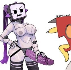 2girls awooga big_breasts big_dildo big_penis huge_cock imminent_sex newtybot robot robot_girl rose_(newtybot) strap-on timolotl tulip_(newtybot)